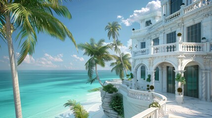 Fototapeta premium An opulent coastal villa with white marble walls and expansive balconies overlooking the turquoise ocean