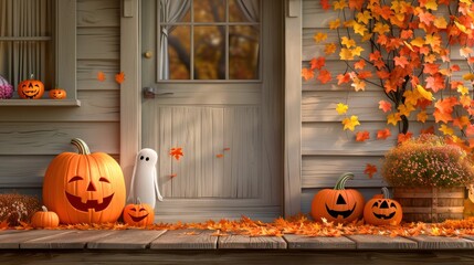 Obraz premium Spooky Autumn Porch Decor with Jack O Lanterns