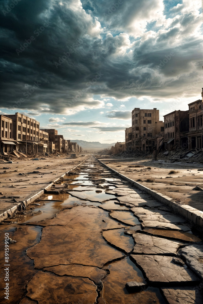 Wall mural Post apocalyptic urban scenery image of desert city wasteland, abandoned and destroyed buildings, cracked road. Cityscape of doomsday scene. Global apocalyptic conflict concept. Copy ad text space