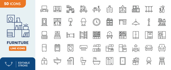 Furniture line editable icon set. Contain icons related to Interior, furniture, wardobe, chair, sofa, desk, and more. Editable stroke. Vector illustration	