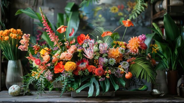 floral artistry, a unique floral design with exotic flowers and lush greenery takes center stage at the florists, highlighting their creativity and skill