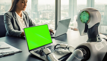 Futuristic robot is typing on a laptop with green screen, robot working with colleagues at office, concept of human working with artificial intelligence, machine learning, and computing system