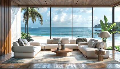 Obraz premium Tropical living room with sofa, armchair, coffee table, panoramic sea view window, luxury modern beach house interior, 3D rendering