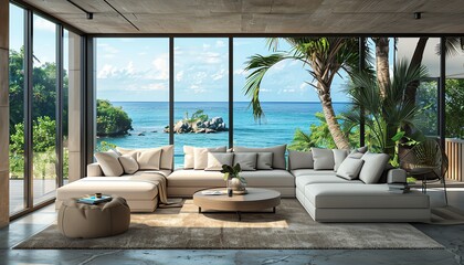 Sofa, armchair, and coffee table in a tropical living room with panoramic window overlooking the sea, luxury modern beach house 3D rendering