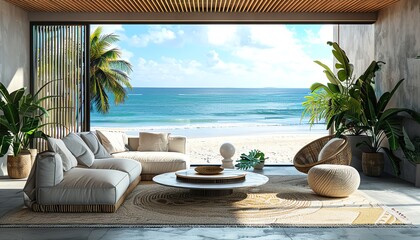 Fototapeta premium Tropical living room with sofa, armchair, coffee table, panoramic sea view window, luxury modern beach house interior, 3D rendering