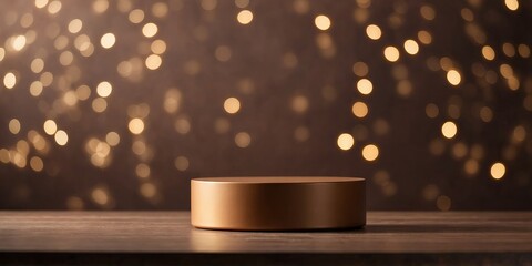 Empty round cylinder platform podium for product or cosmetics presentation on brown color background with bokeh.