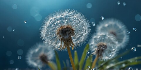 Obraz premium Dandelion Seeds in droplets of water on blue and turquoise beautiful background with soft focus in nature macro Drops of dew sparkle on dandelion in rays of light.