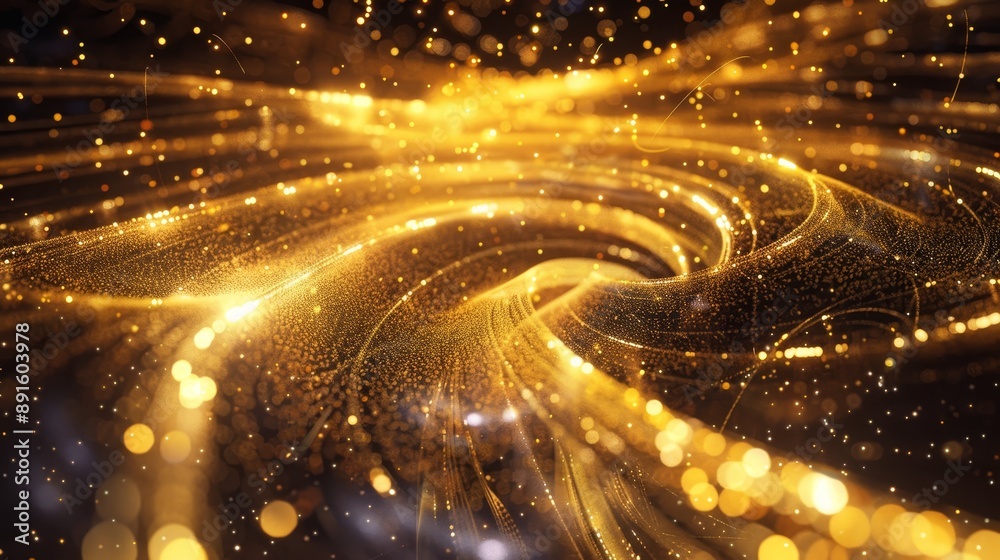 Wall mural golden swirling abstract background with light and particles