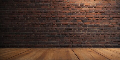 Empty Wooden Table on Blurred Brick Wall Background.
