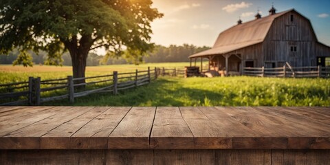 empty wooden table top for product display montages with blurred farm barns and buildings background.