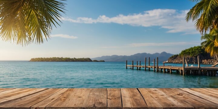 Empty wooden table with blurred dock background perfect for displaying travel and seaside products summer with scenic ocean view embodying beauty and tranquility of tropical beach landscape.