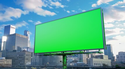 Fototapeta premium Large green screen billboard in cityscape with skyscrapers