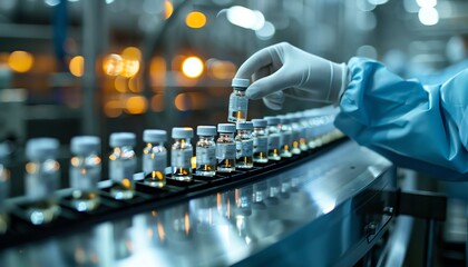 Fototapeta premium Hand in gloves handling vials on production line