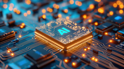 Close-Up Of High-Tech Circuit Board With AI Chip And Glowing Connections