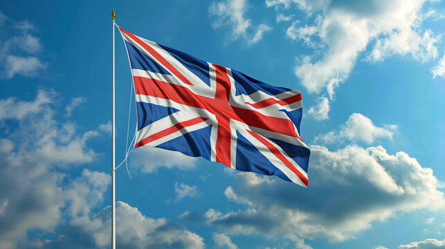 UK Flag Waving Against a Clear Blue Sky with Puffy White Clouds on a Sunny Day