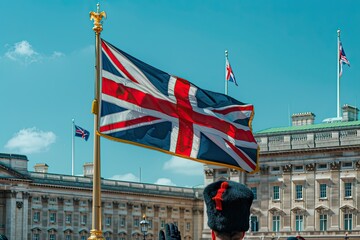 Naklejka premium The flag of the United Kingdom, with its red, white and blue colors flying in the wind against a bright sky