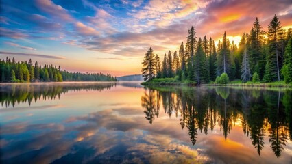 A tranquil lake at dawn with a glassy water surface reflecting the surrounding pine trees and pastel sky.