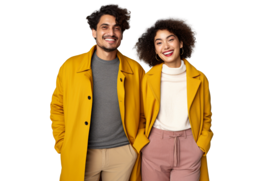 Happy multiethnic couple in stylish clothing Isolated on white background