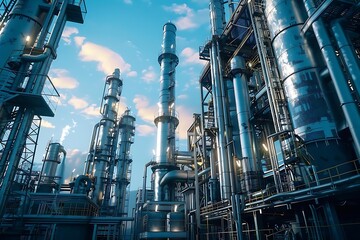 Industrial Complex 3D Illustration - Blue Steel Towers, Pipes and Platforms in a Clear Sky