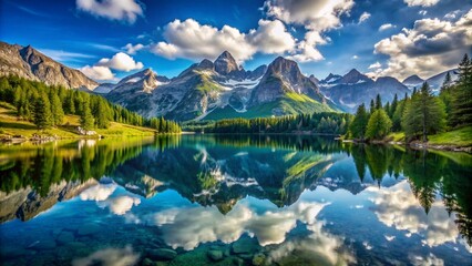 A serene alpine lake with a mirror-like surface, reflecting the surrounding mountains and sky with perfect clarity.