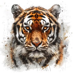Fototapeta premium Watercolor Portrait of a Tiger with Intense Eyes.
