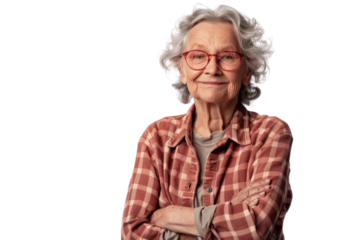 Happy elderly lady with arms crossed Isolated on white background