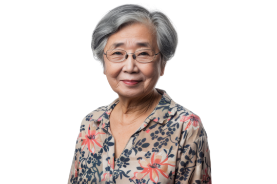Happy elderly Asian woman wearing casual clothes, looking at camera, isolated on white background