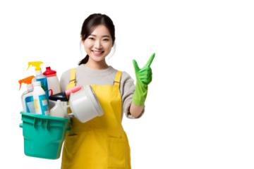 Asian teen housewife wiping surface with enthusiasm Isolated on white background