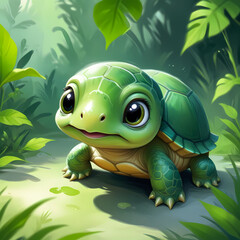 Fototapeta premium A cute baby turtle with big eyes, cartoon style, green forest background, illustration wallpaper 