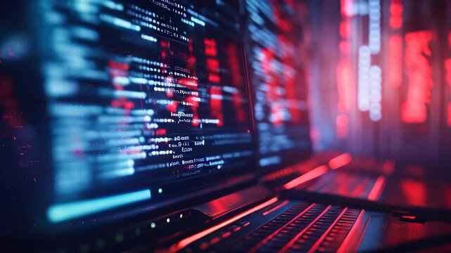 Laptop on desk with red and blue glow and programming code visible on the screen. The concept of internet security, preventing cyber attacks and protecting personal information. Video footage