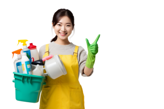 Asian teen housewife wiping surface with enthusiasm Isolated on white background