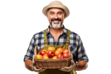 Happy agricultural worker holding a basket of fruit Isolated on white background