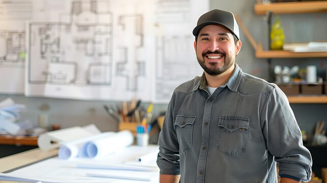 Professional male architectural drafter in casual clothes smiling at the camera surrounded by blueprints and a drafting table reflecting creativity and precision in architecture