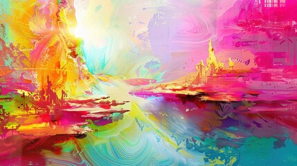 Fototapeta premium Abstract Painting of a Vibrant Cityscape With Buildings and a Bright Horizon