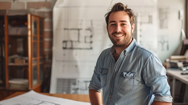 Creative male drafter in casual attire smiling confidently with blueprints and a drafting table in the background highlighting precision and innovation in architectural drafting