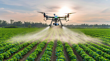 Industrial Drone Flying Over Green Field and Spraying Pesticides, Agricultural Technology, Drone Crop Spraying, Precision Farming, Green Field, Pest Control, Modern Agriculture, Efficient Crop