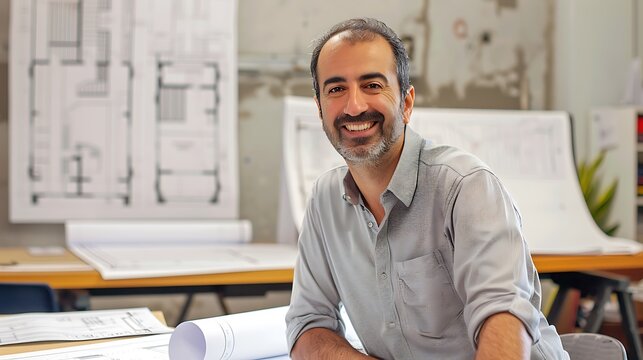 Male architectural drafter wearing casual clothes and smiling at the camera in front of a drafting table with blueprints demonstrating precision and creativity in design