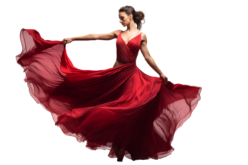 Beautiful female dancer in a glamorous gown executing a graceful move, isolated on white background