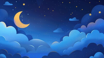 Crescent Moon and Stars Over Blue Clouds in Night Sky