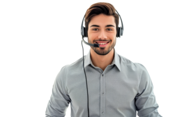 Friendly young male customer support representative with microphone headset, isolated on white background