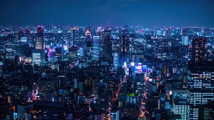 Fototapeta premium Nighttime View of Tokyo Skyline With Illuminated Buildings and Streets