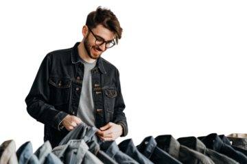 Happy freelancer arranging clothing items isolated on white background