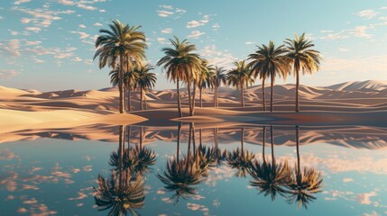 Oasis with palm trees reflecting in water surrounded by desert dunes
