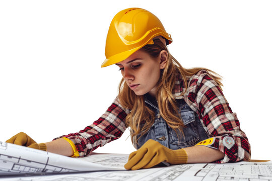 Focused female engineer examining blueprints Isolated on white background