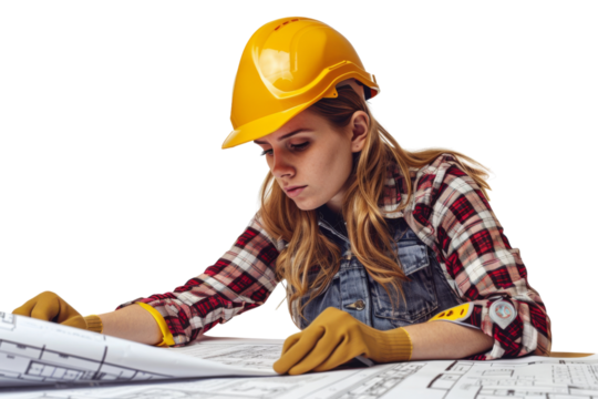 Focused female engineer examining blueprints Isolated on white background