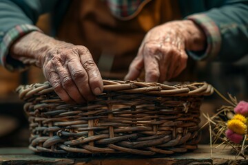 Close-up of elderly hands skillfully weaving a wicker basket, highlighting the texture and detail of the craft and the experienced hands of the artisan.