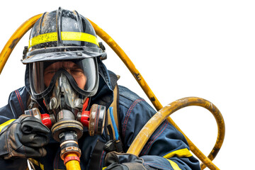 Firefighter in protective gear holding hose isolated on white background