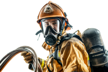 Firefighter in protective gear holding hose isolated on white background