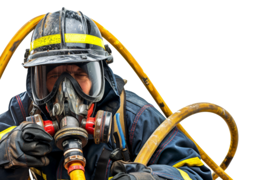 Firefighter in protective gear holding hose isolated on white background