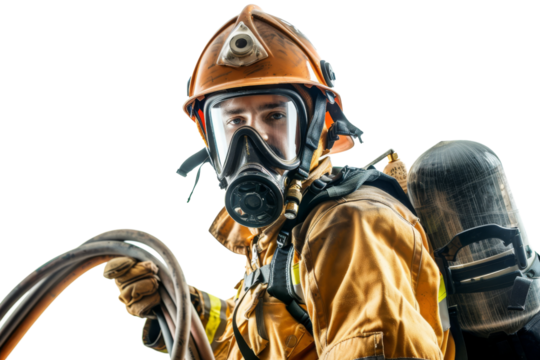 Firefighter in protective gear holding hose isolated on white background